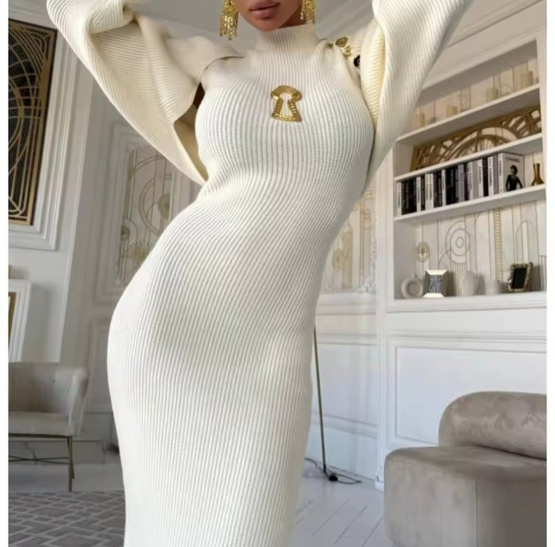VGH Two Piece Set for Women Stand Collar Sleeveless High Waist Bodycon Vest Dress with Long Sleeve Coat Knitted Suit Female - GLITCH - BELLE