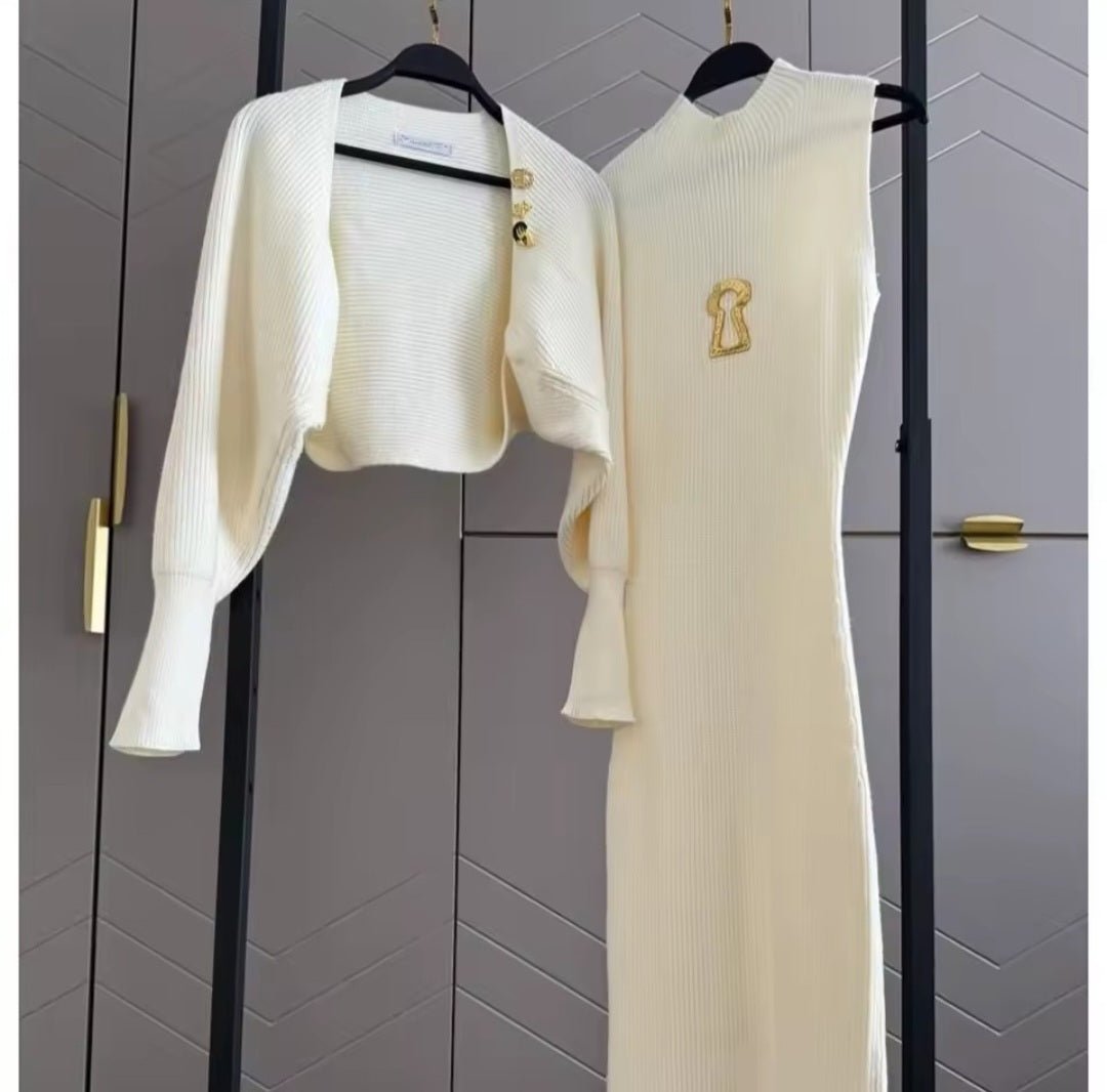 VGH Two Piece Set for Women Stand Collar Sleeveless High Waist Bodycon Vest Dress with Long Sleeve Coat Knitted Suit Female - GLITCH - BELLE