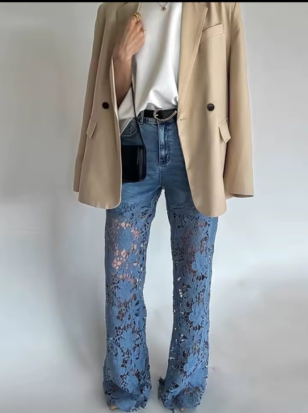 Women's Lace Cut - Out High Waist Wide Leg Denim Pants - GLITCH - BELLE