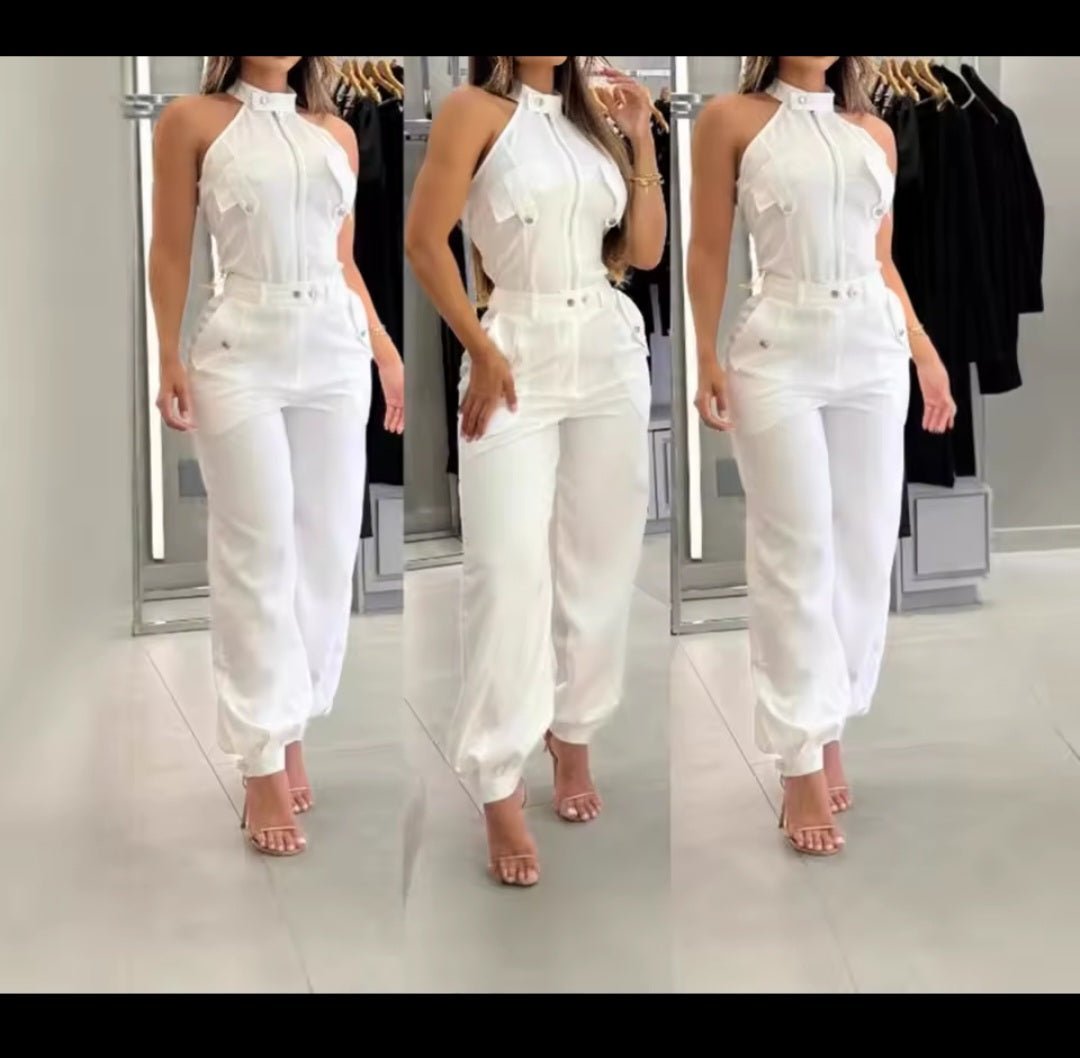 2025 Summer Women's Sleeveless Slim Fit Top & Wide - Leg Work Pants 2 - Piece Suit - GLITCH - BELLE