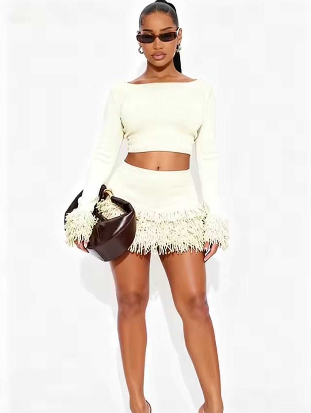 Winter Tassel 2 - Piece Set – Long Sleeve Crop Top & Mini Skirt Streetwear Outfit - GLITCH - BELLE