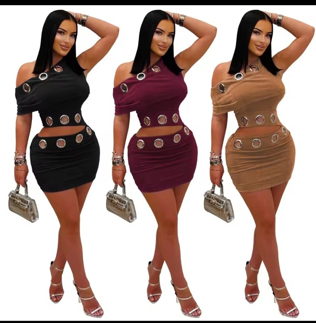 Metal Ring 2 - Piece Set - Skew Collar Crop Top & Peach Hip Skirt - GLITCH - BELLE