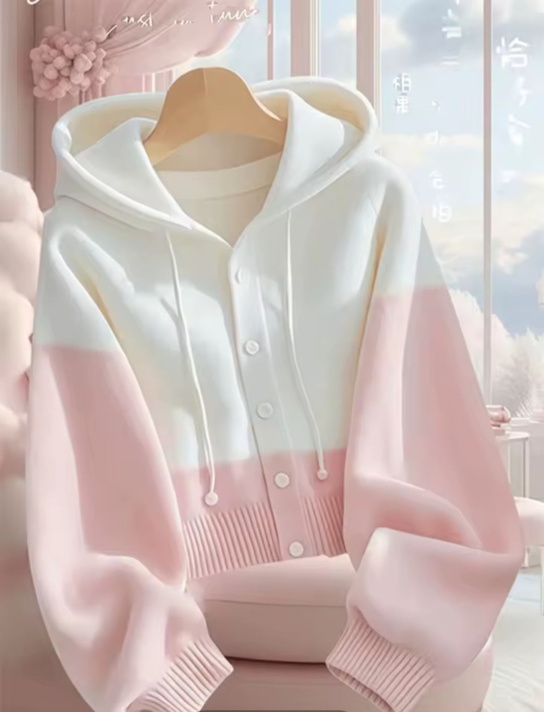 White and pink cardigan on a hanger with a blurred indoor background