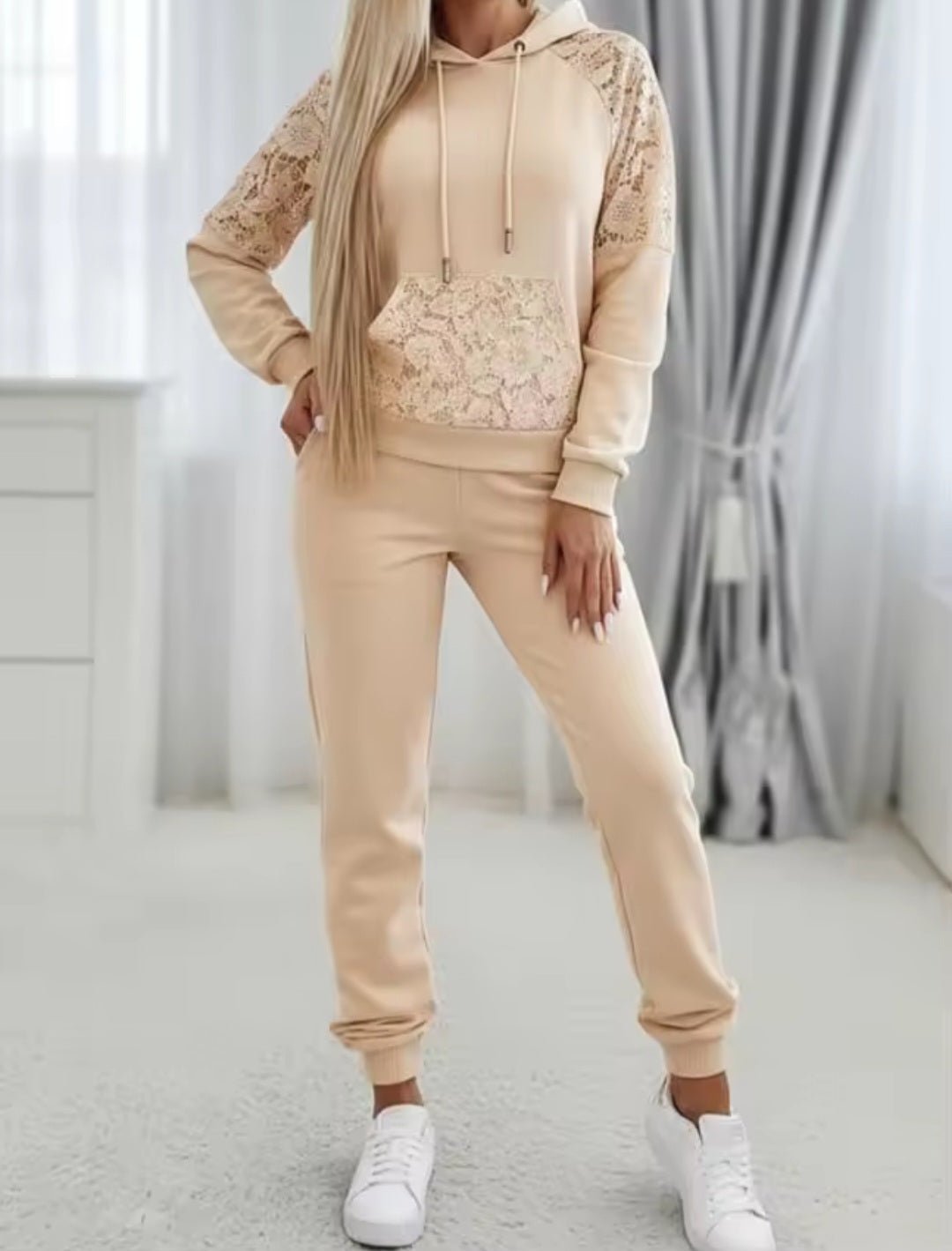 Women's Guipure Lace Spliced Hoodie Sweatshirt & Jogger Sweatpants 2 - Piece Set - GLITCH - BELLE