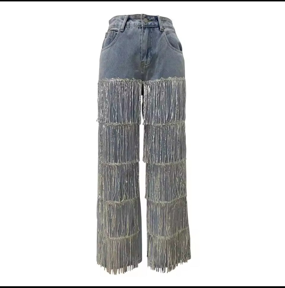 Women's Fringe Straight-Leg Jeans – Mid-Waist Casual Denim Pants
