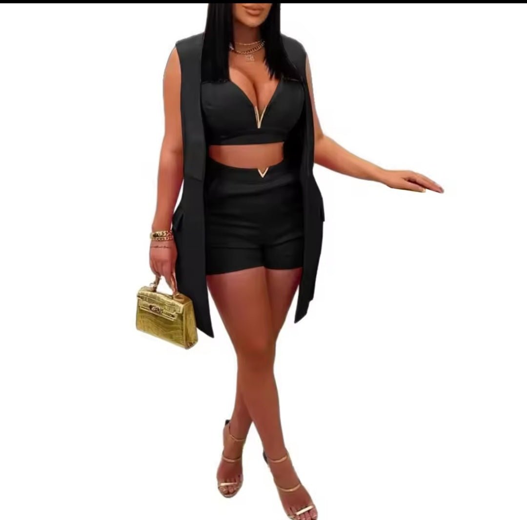 3 - Piece Sleeveless Blazer Crop Top & Shorts Matching Set – Women's Sexy Summer Spring Fashion Suit 2025 - GLITCH - BELLE