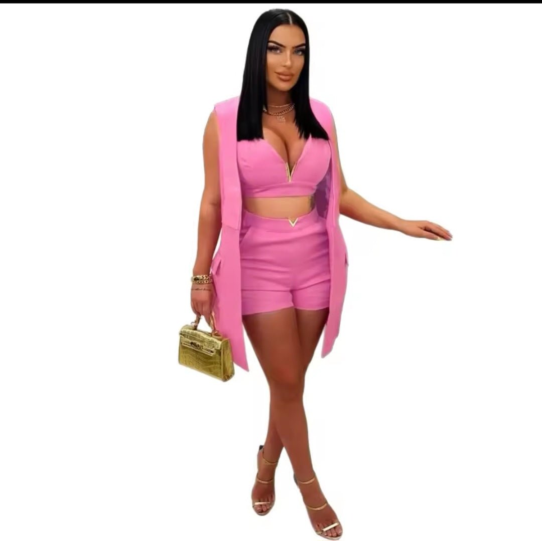 3 - Piece Sleeveless Blazer Crop Top & Shorts Matching Set – Women's Sexy Summer Spring Fashion Suit 2025 - GLITCH - BELLE