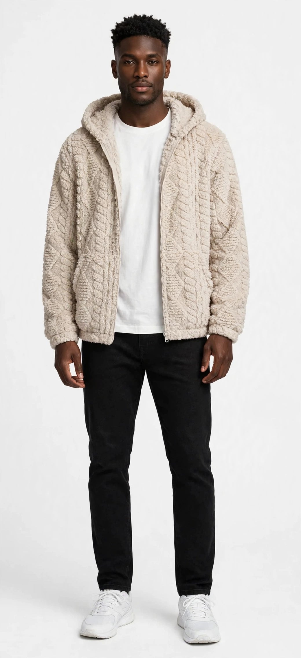 Jacquard Plush Zip-Up Hoodie Cardigan – Men's