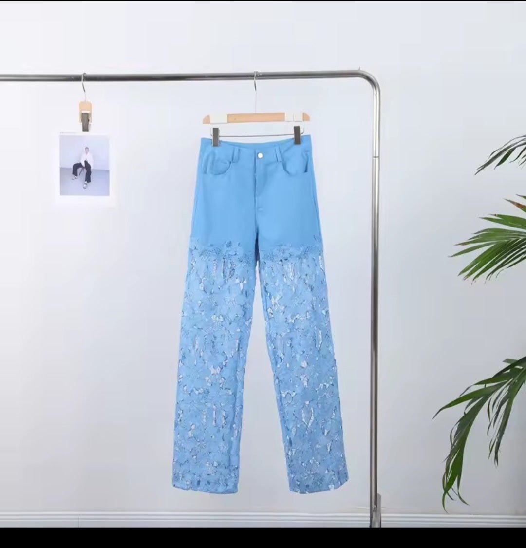 Women's Lace Cut - Out High Waist Wide Leg Denim Pants - GLITCH - BELLE
