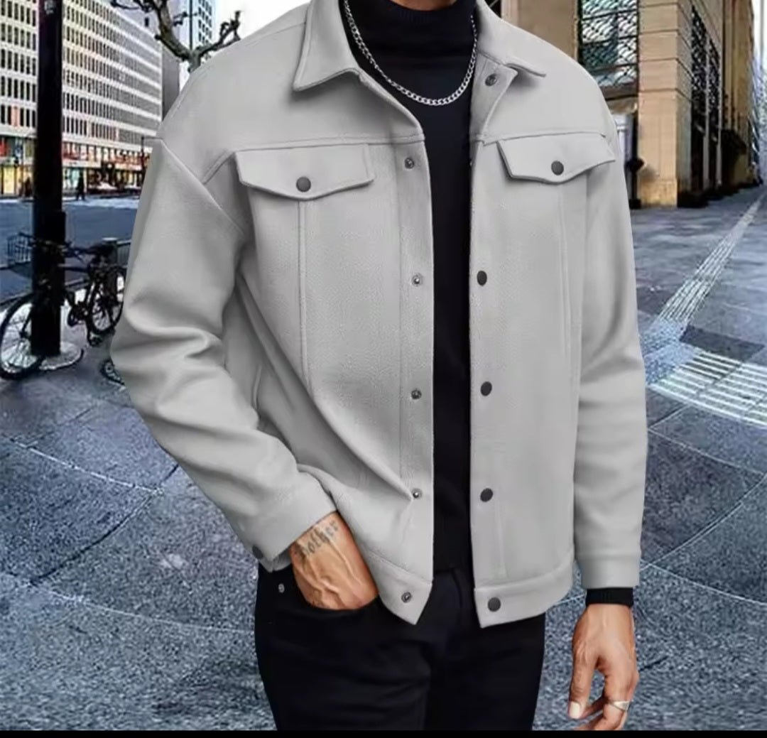 Men's Wool Collar Short Jacket – Business Casual Cardigan with Chest Pocket - GLITCH - BELLE