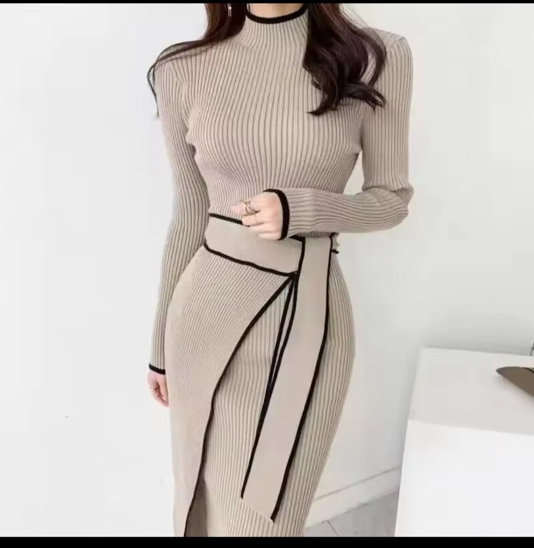 Retro Knitted Bodycon Dress – Women's Korean Fashion Half High Collar Lace Up Elegant Sweater Dress Autumn Winter - GLITCH - BELLE