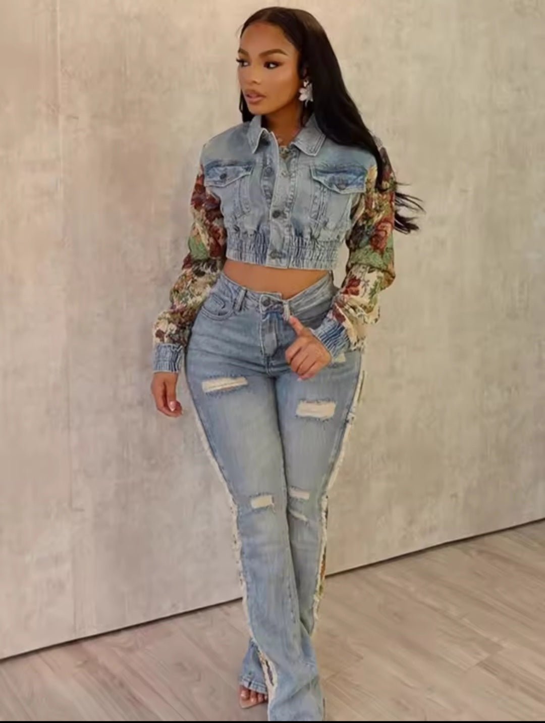 Jeans Suit Women Denim Two Piece Set Flower Print Y2K - GLITCH - BELLE