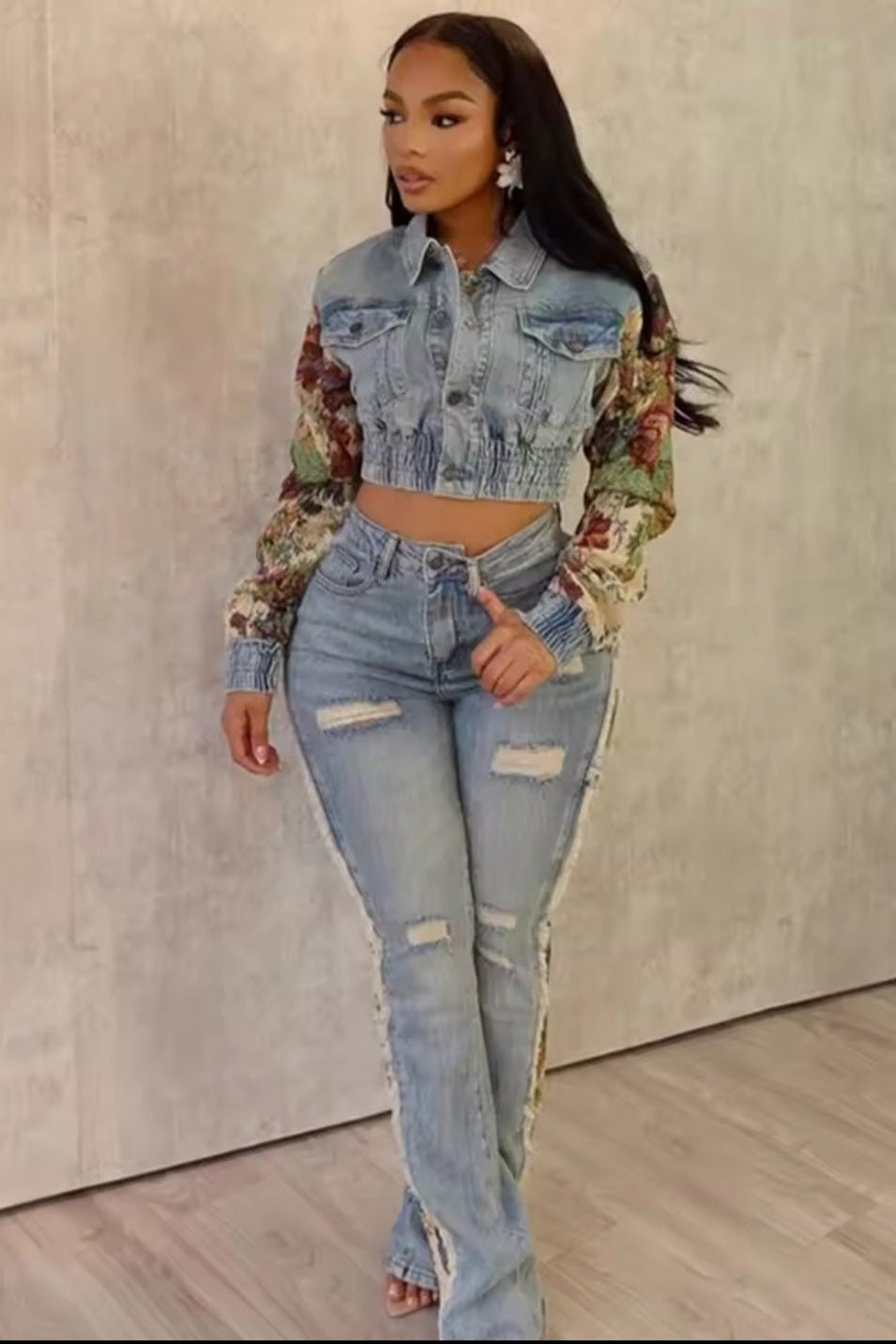 GLITCH-BELLE Women's Flower Print Y2K Denim Two-Piece Jeans Suit - GLITCH-BELLE
