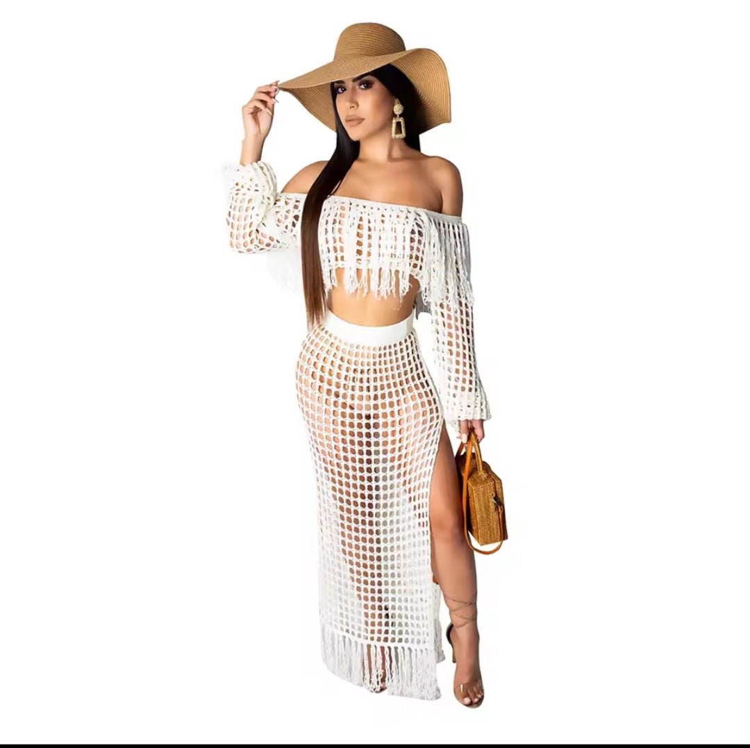 Skirt 2 Piece Set Women Beach Long Skirts Suit Top Off Shoulder Tassels Sexy Hollow Out Ensemble 2025 Summer Female Outfits - GLITCH - BELLE