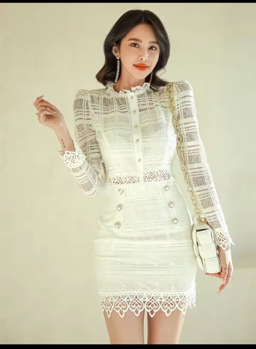 Women's Autumn Long Sleeve Lace Top & High Waist Wrap Hip Pencil Skirt Office Suit - GLITCH - BELLE