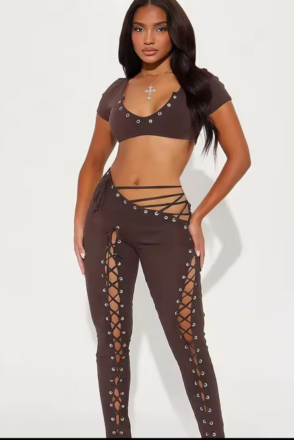 Midnight Lace-Up 2-Piece Set | Halter Camisole & Hollow Pants - GLITCH-BELLE