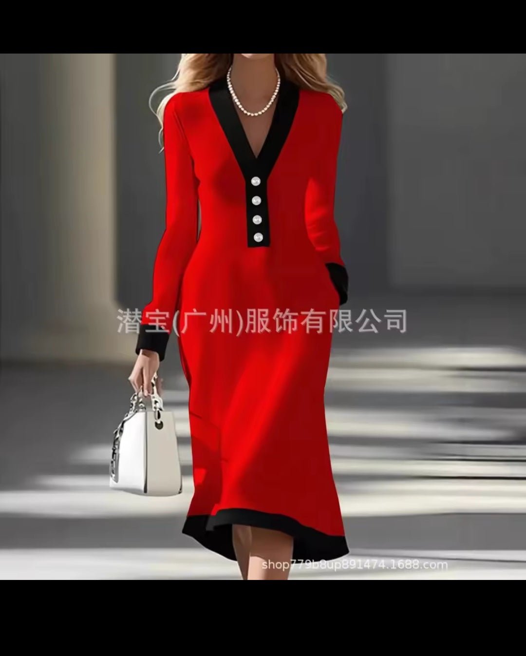 Color - Block Button V - Neck Long Sleeve Slim Maxi Dress – Women's Elegant Office Dress 2026 - GLITCH - BELLE