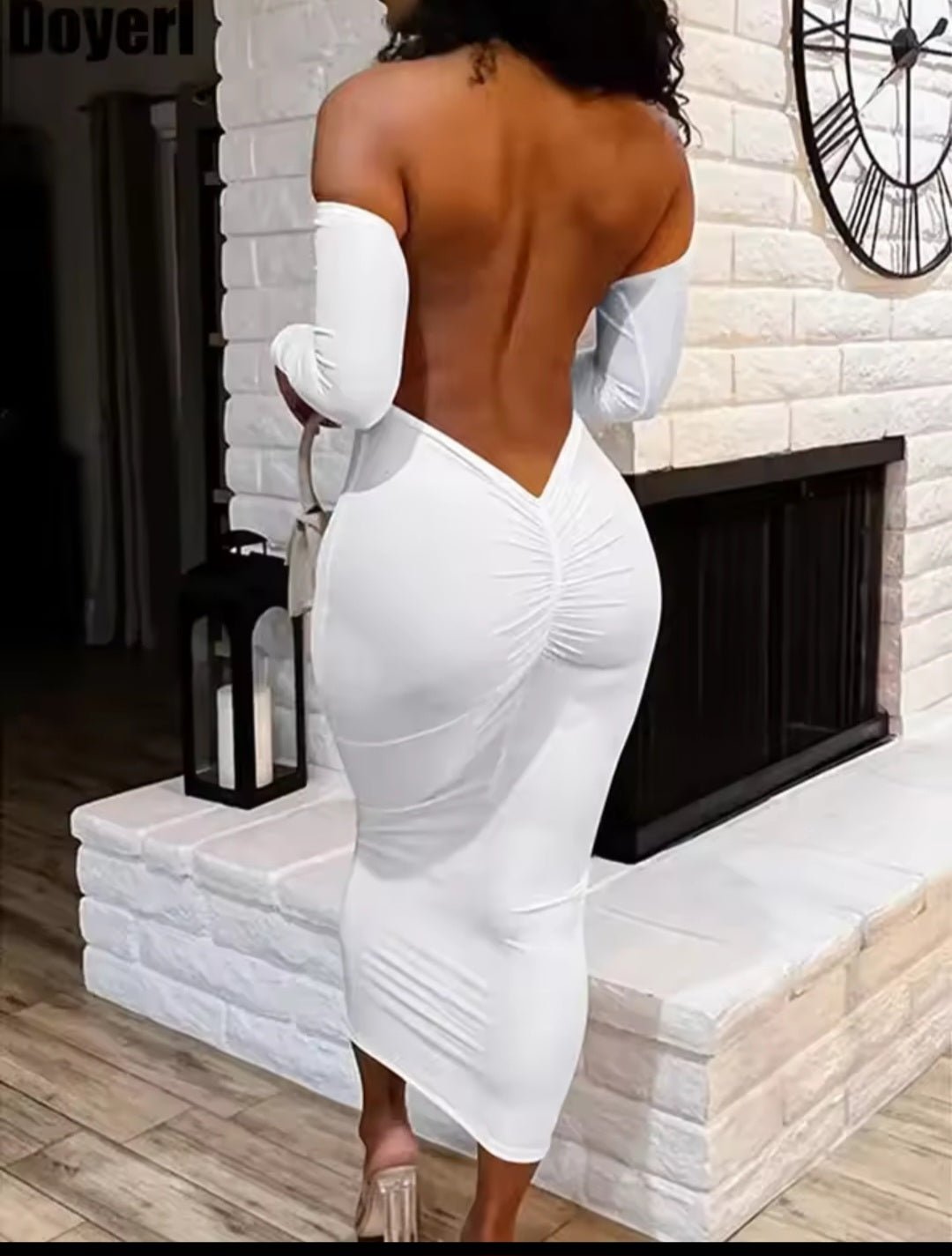 Sexy Deep V Backless Pleating Slim Bodycon Long Dress - GLITCH - BELLE