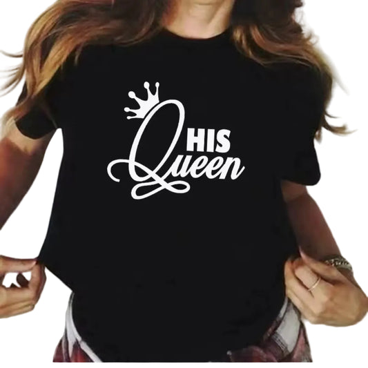 Person wearing a black t-shirt with 'His Queen' text and crown graphic.