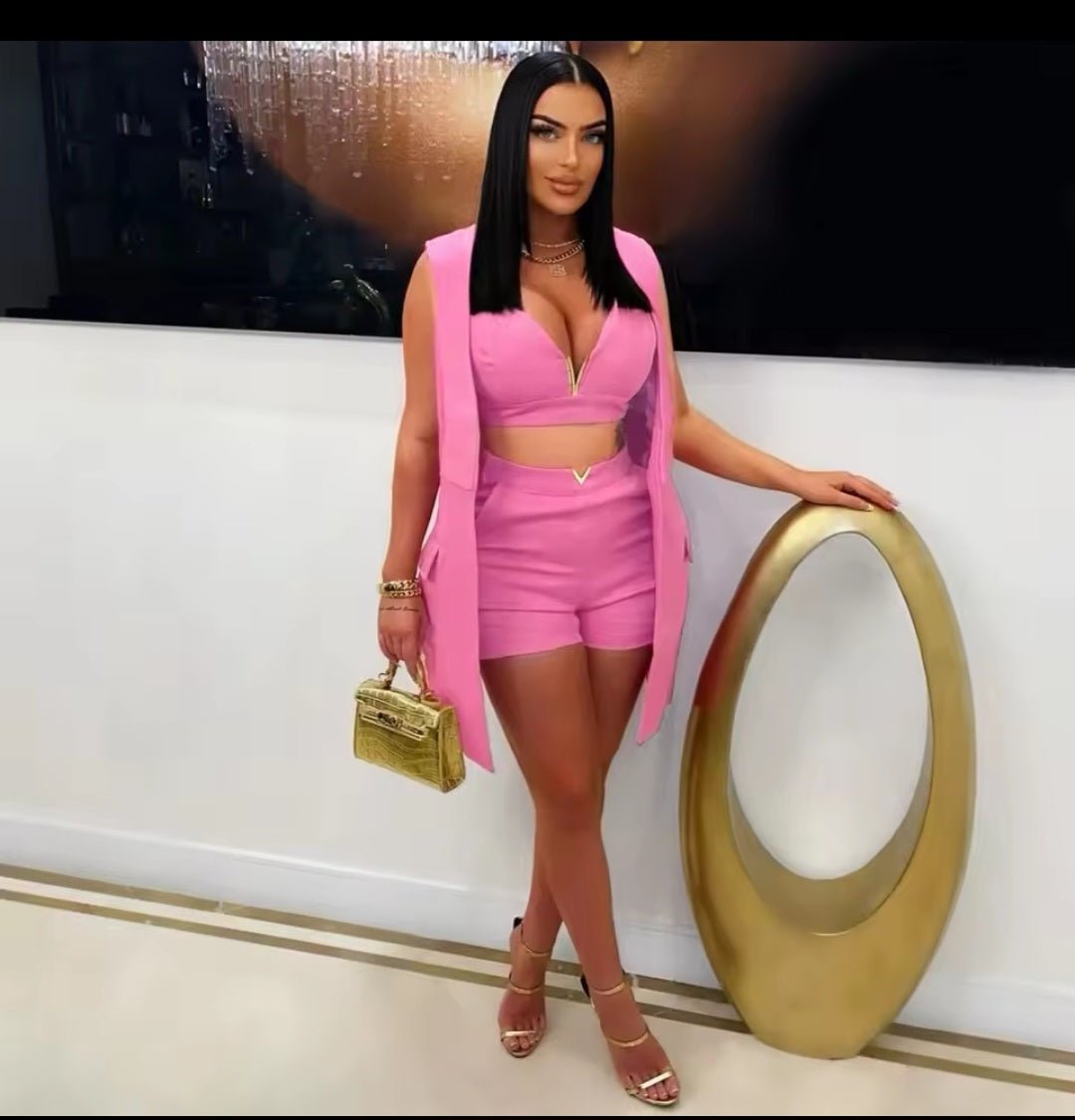3 - Piece Sleeveless Blazer Crop Top & Shorts Matching Set – Women's Sexy Summer Spring Fashion Suit 2025 - GLITCH - BELLE