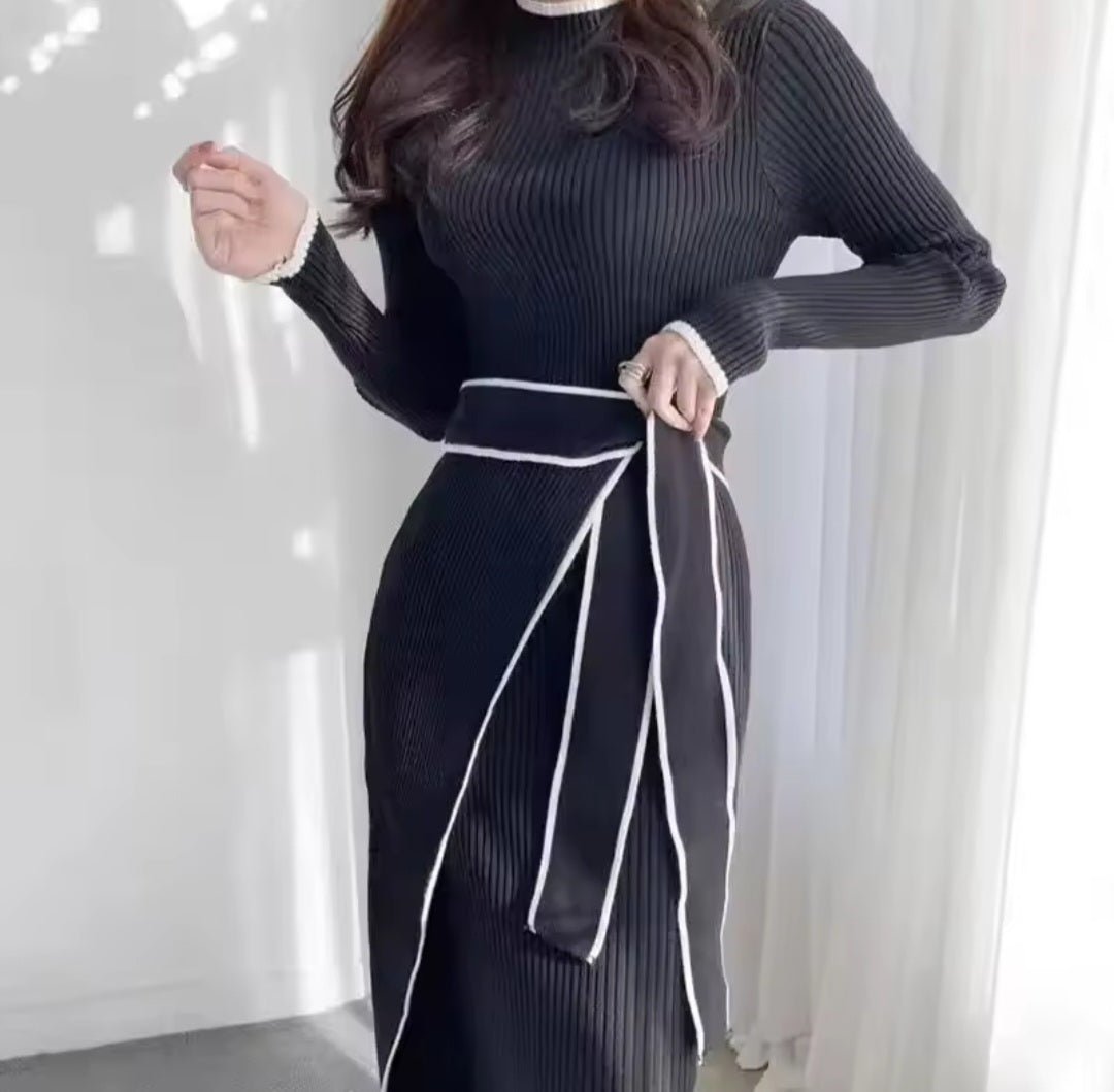 Retro Knitted Bodycon Dress – Women's Korean Fashion Half High Collar Lace Up Elegant Sweater Dress Autumn Winter - GLITCH - BELLE