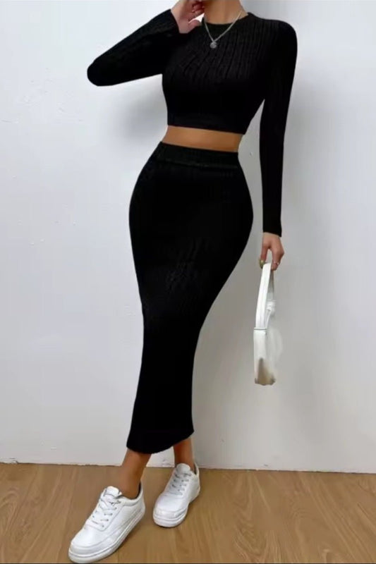 Autumn Solid Color Skirt 2-Piece Set – Women's Round Neck Long Sleeve Top & Hip Cover Skirt - GLITCH-BELLE