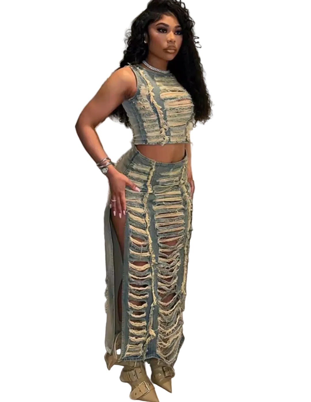 Y2K Ripped Hole Denim 2 - Piece Set – Sleeveless Crop Top & Side Slit Skirt - GLITCH - BELLE