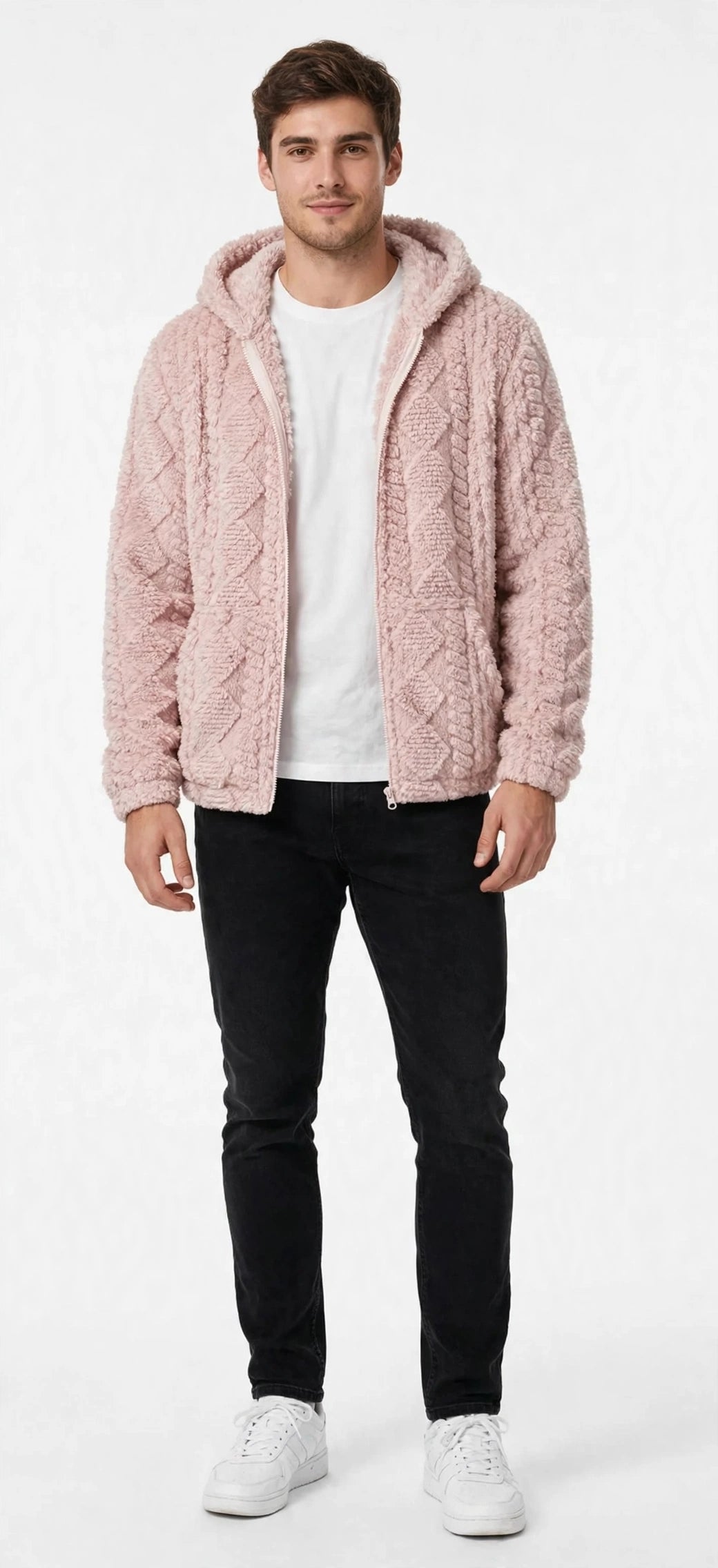 Jacquard Plush Zip-Up Hoodie Cardigan – Men's