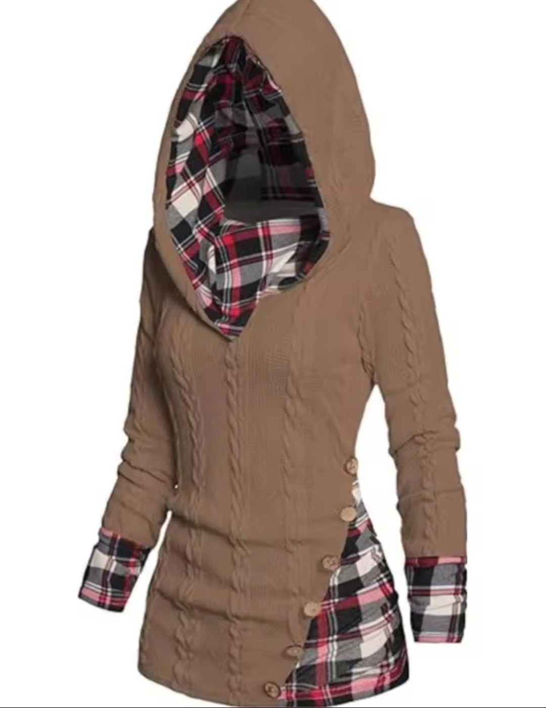 Twisted Cable Knit Plaid Hooded Pullover Sweater – Women's Casual Long Sleeve Top - GLITCH - BELLE