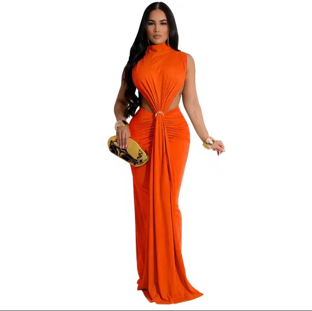 Women's O - Neck High Split Ruched Bodycon Maxi Dress - Evening Party Club - GLITCH - BELLE