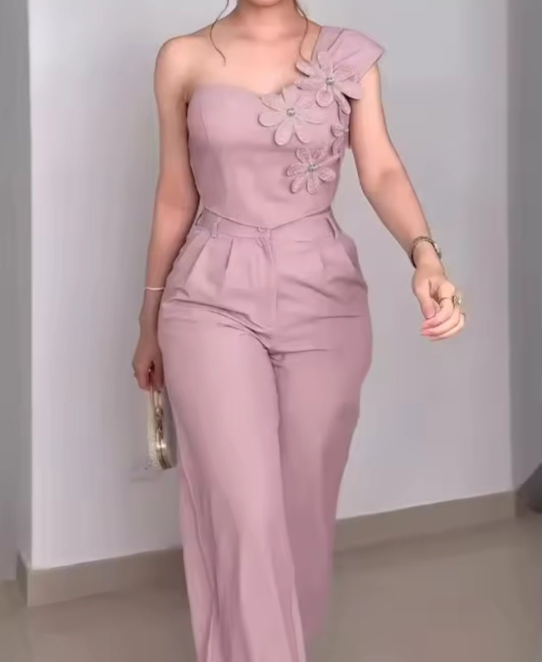Rhinestone 3D Floral One Shoulder Sleeveless Shirred Back Top & High Waist Wide Leg Pants 2 - Piece Set - GLITCH - BELLE