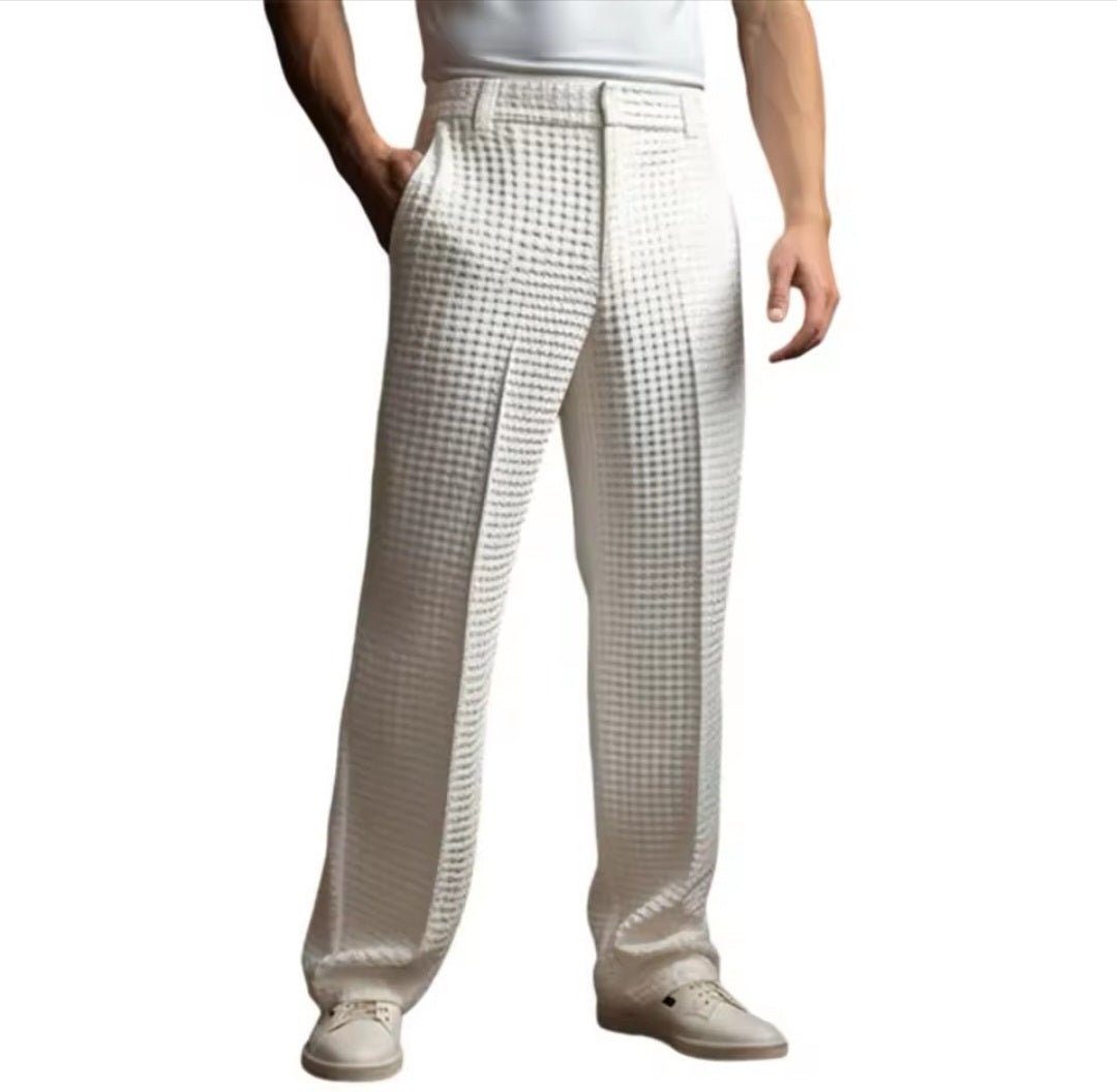 Men's Elegant Waffle Suit Pants – Solid Loose Straight Trousers | Business Casual & Vacation - GLITCH - BELLE