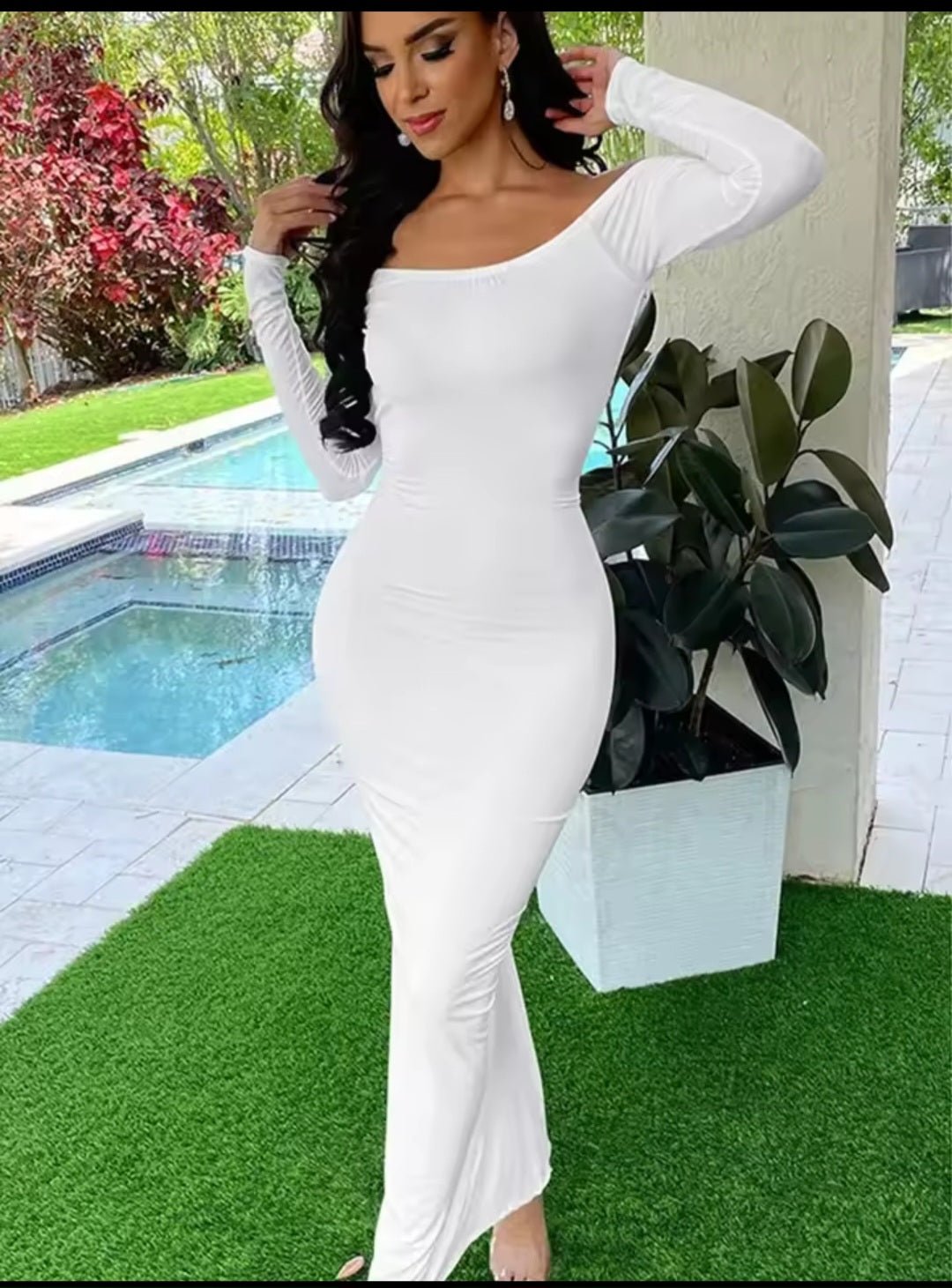 Sexy Deep V Backless Pleating Slim Bodycon Long Dress - GLITCH - BELLE