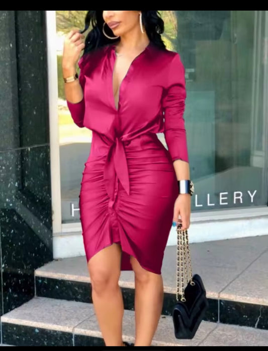 V-Neck Long Sleeve Wrap Midi Dress