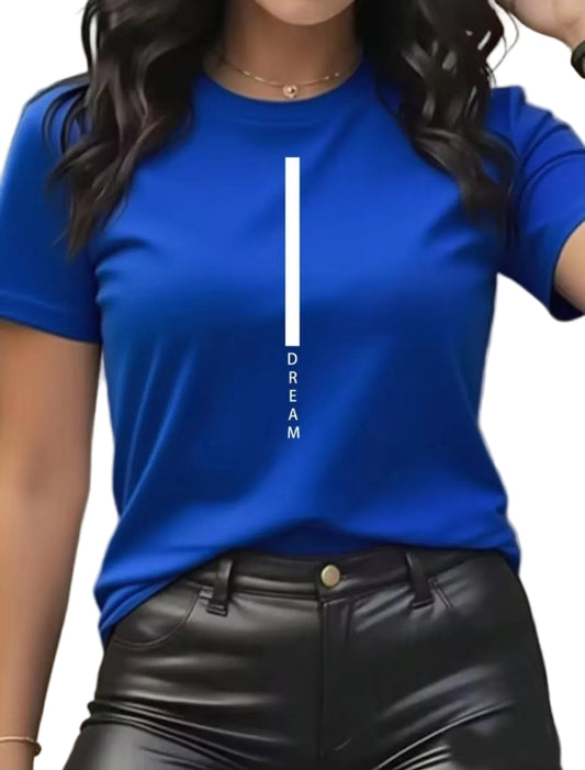 Person wearing a blue t-shirt with a white vertical stripe and text, standing against a neutral background.