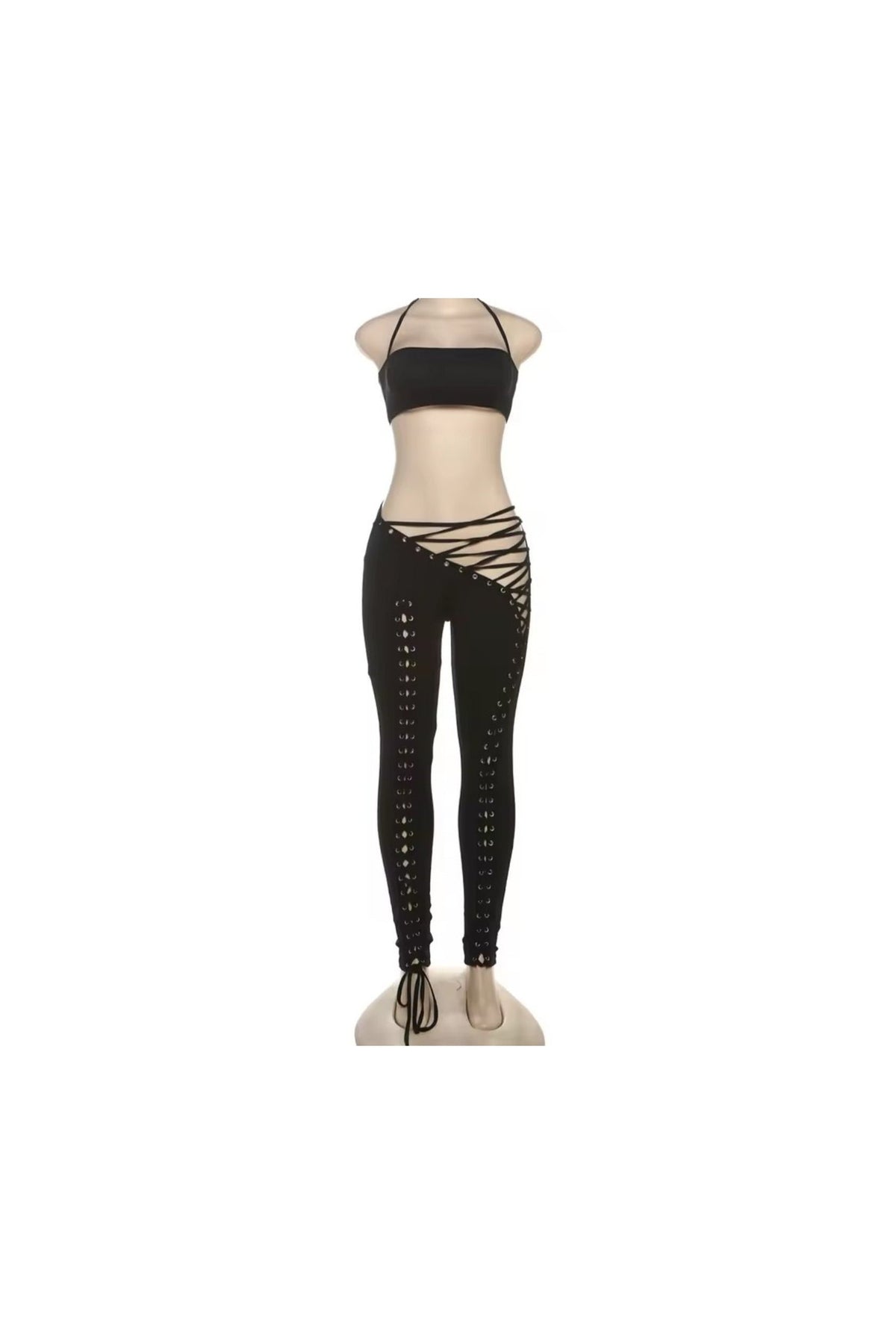 Midnight Lace-Up 2-Piece Set | Halter Camisole & Hollow Pants - GLITCH-BELLE