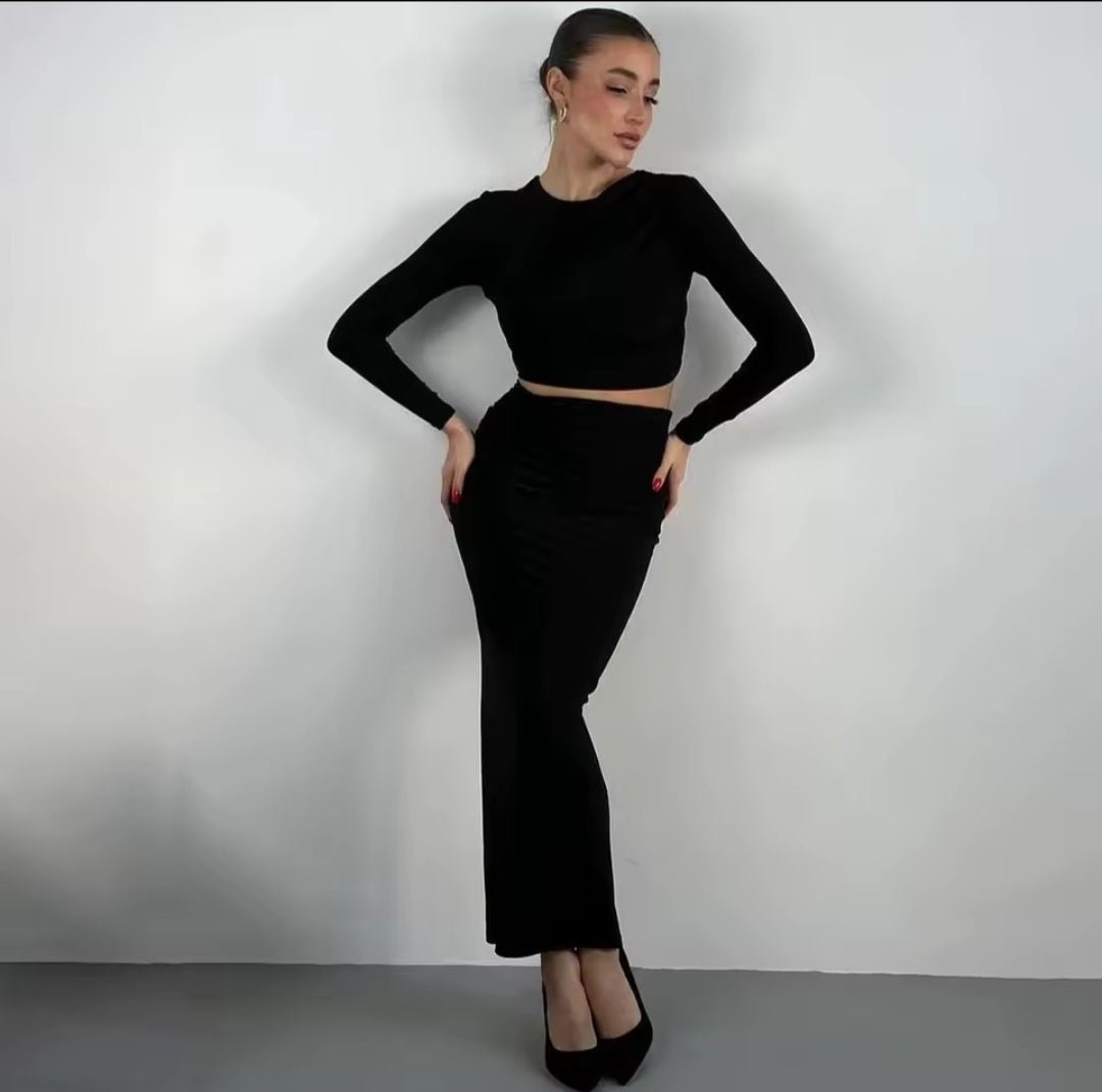 Women's 2 Piece Vacation Set - Long Sleeve Crop Top & High Waist Bodycon Skirt - GLITCH - BELLE