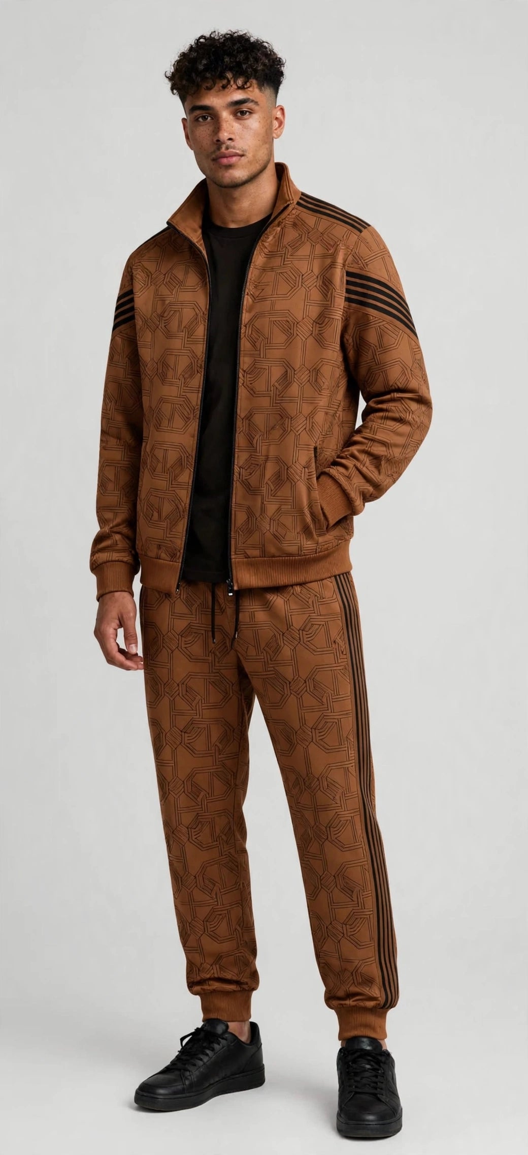 Men's Premium Urban Tracksuit Set – Stand Collar, Geometric Pattern, Plus Size