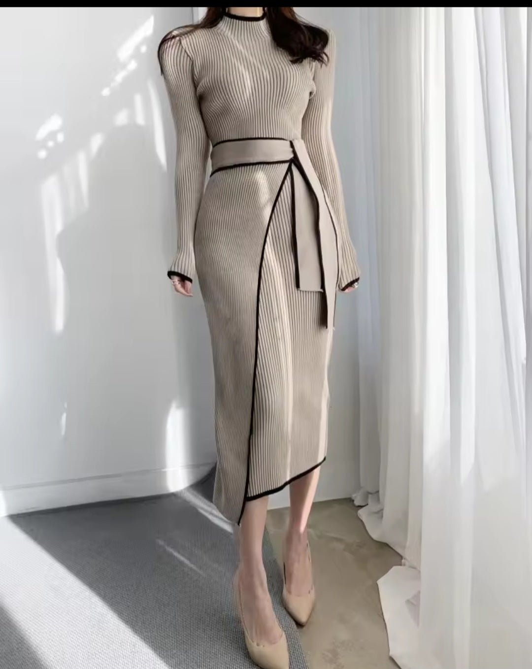 Retro Knitted Bodycon Dress – Women's Korean Fashion Half High Collar Lace Up Elegant Sweater Dress Autumn Winter - GLITCH - BELLE