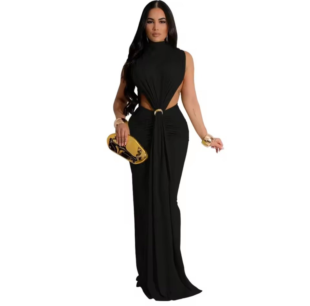 Women's O - Neck High Split Ruched Bodycon Maxi Dress - Evening Party Club - GLITCH - BELLE