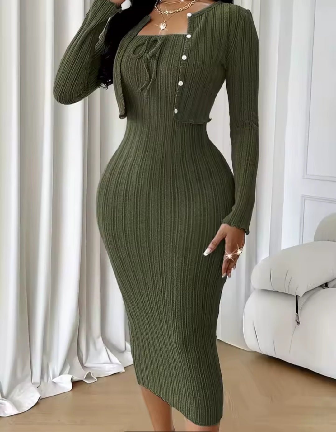 Slim Knitted Coat & Dress 2 - Piece Set – Women's Autumn Winter New Fashion Suit - GLITCH - BELLE