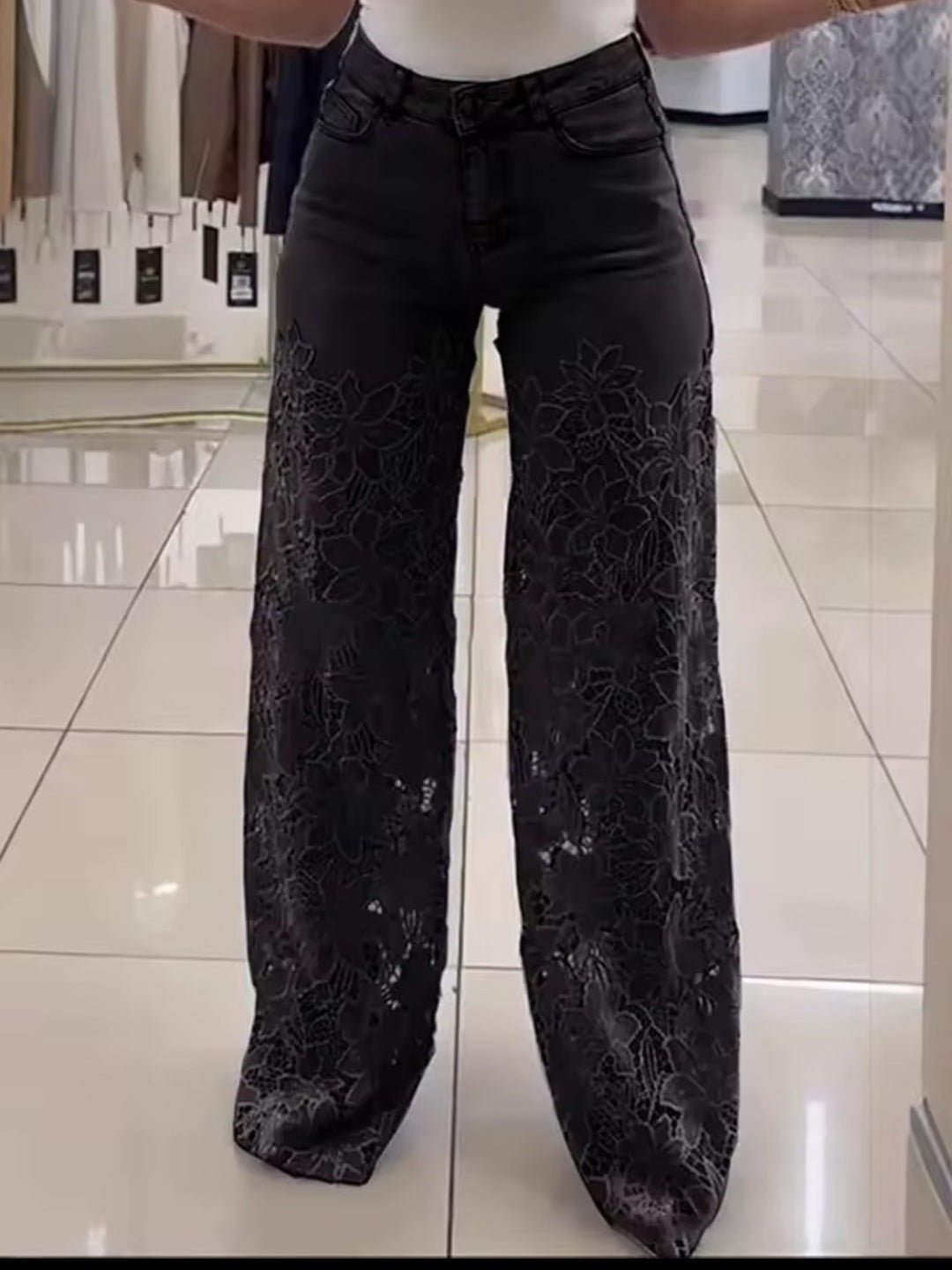 Women's Lace Cut - Out High Waist Wide Leg Denim Pants - GLITCH - BELLE