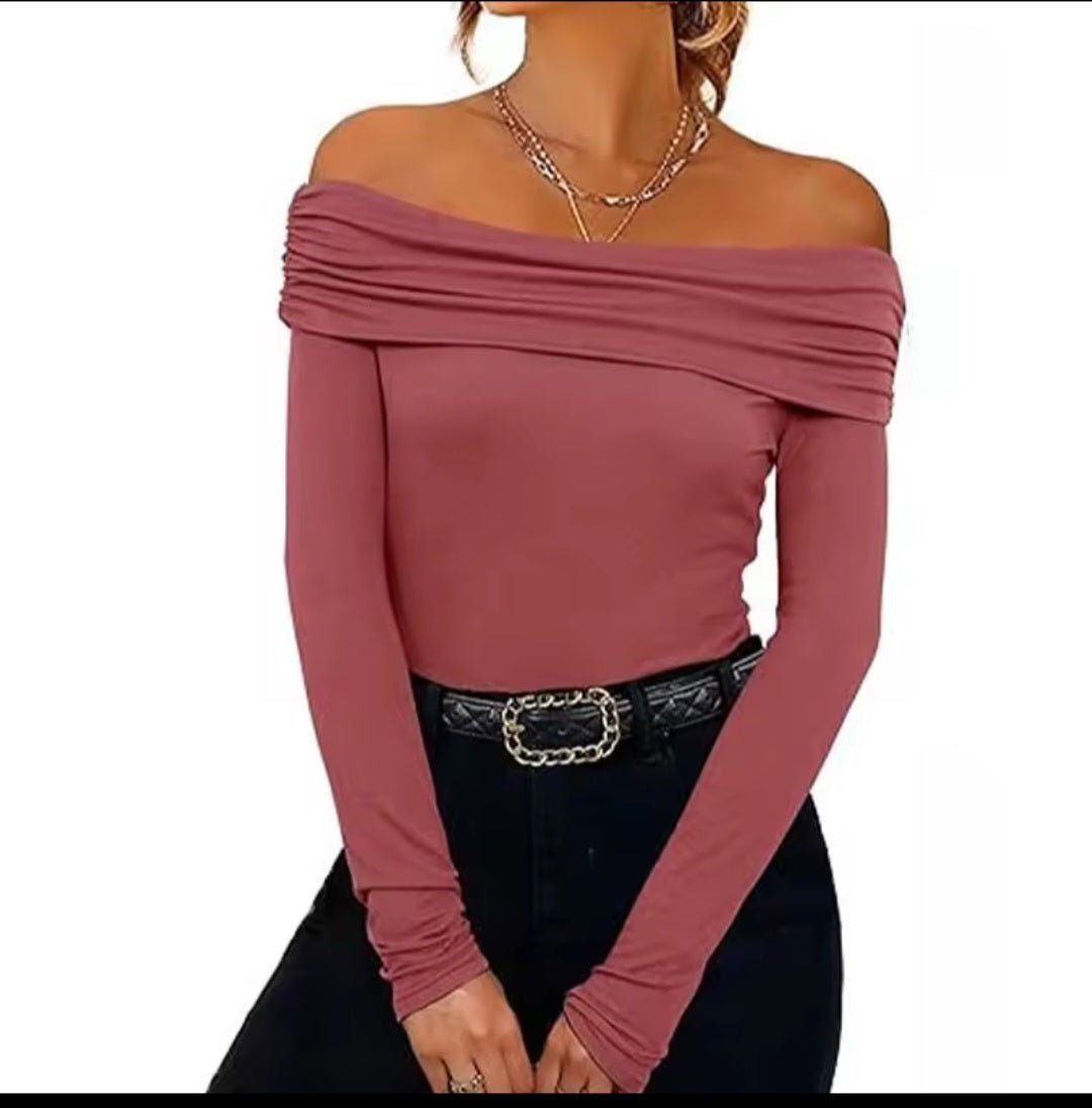 Off - Shoulder Long Sleeve Slim Blouse – Women's Bardot Fitted Top - GLITCH - BELLE