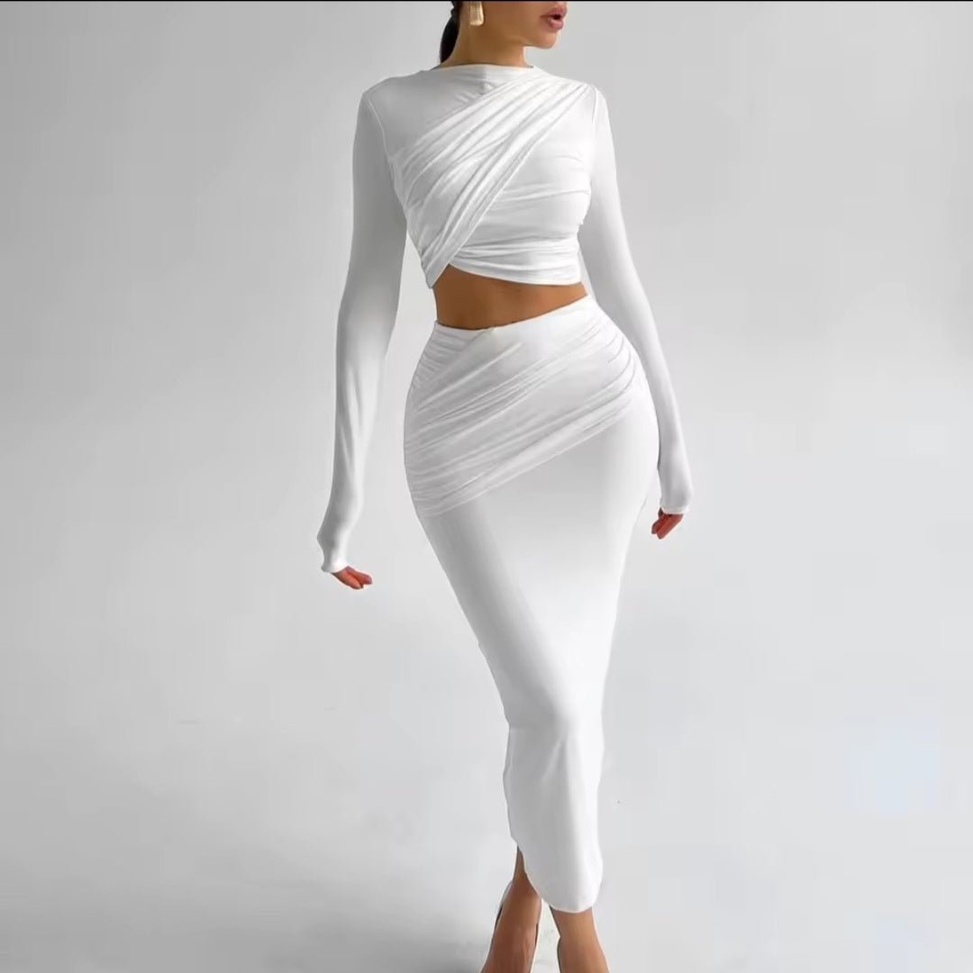 Women's 2 Piece Vacation Set - Long Sleeve Crop Top & High Waist Bodycon Skirt - GLITCH - BELLE