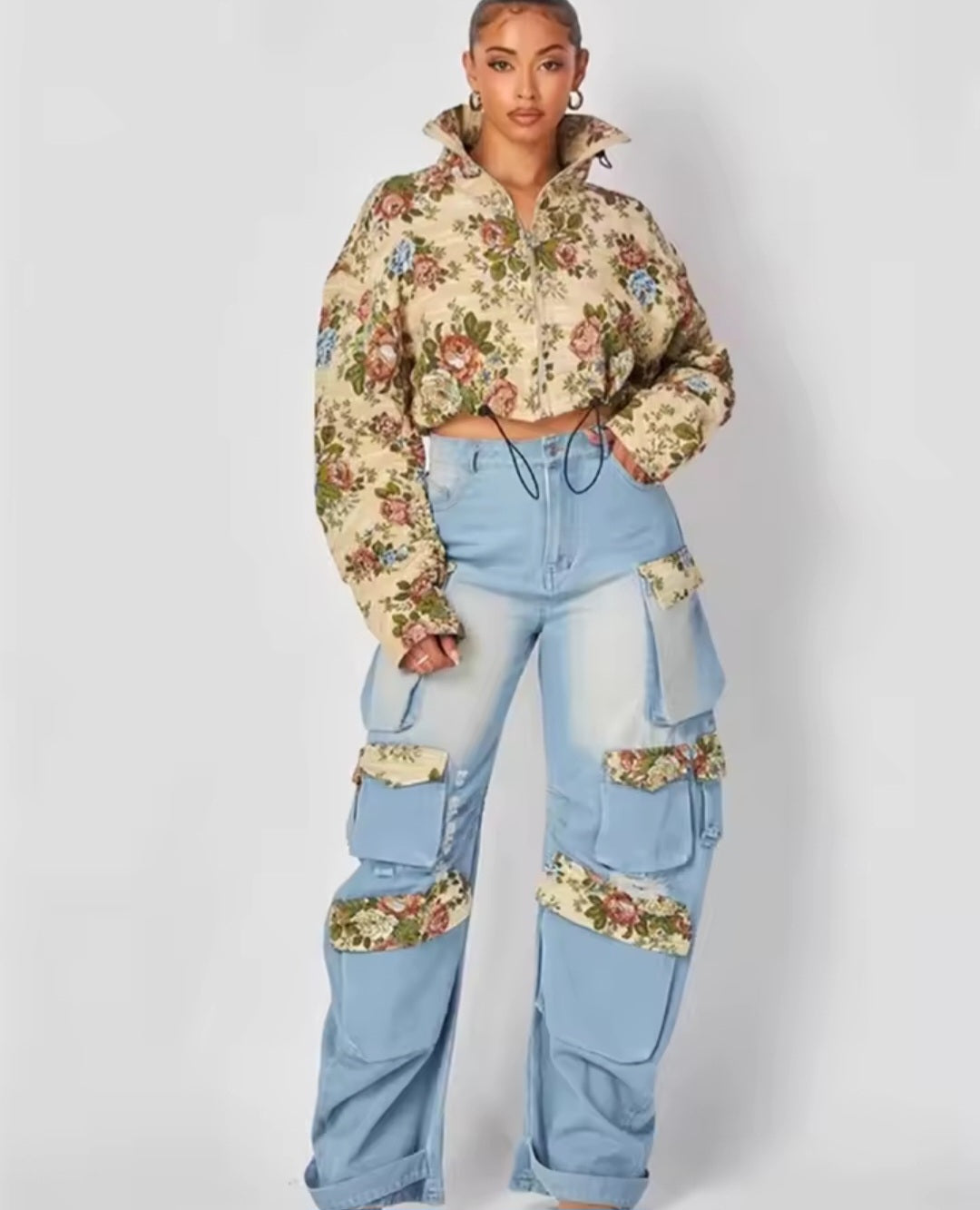 Floral Denim Cargo 2-Piece Set | Full Sleeve Jacket & Pocket Cargo Jeans