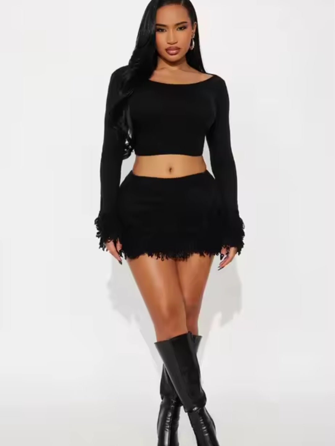 Winter Tassel 2 - Piece Set – Long Sleeve Crop Top & Mini Skirt Streetwear Outfit - GLITCH - BELLE