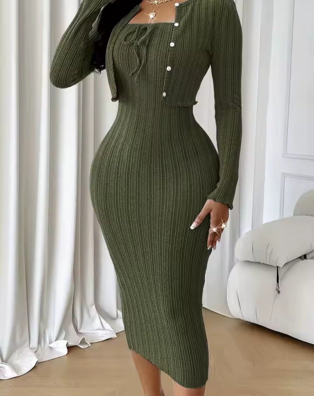 Slim Knitted Coat & Dress 2 - Piece Set – Women's Autumn Winter New Fashion Suit - GLITCH - BELLE