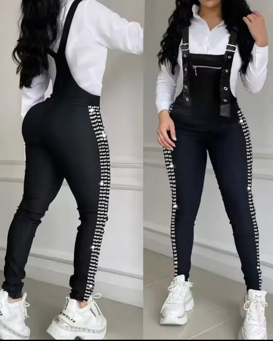 Women's Rhinestone Buckled Suspender Jumpsuit - GLITCH - BELLE