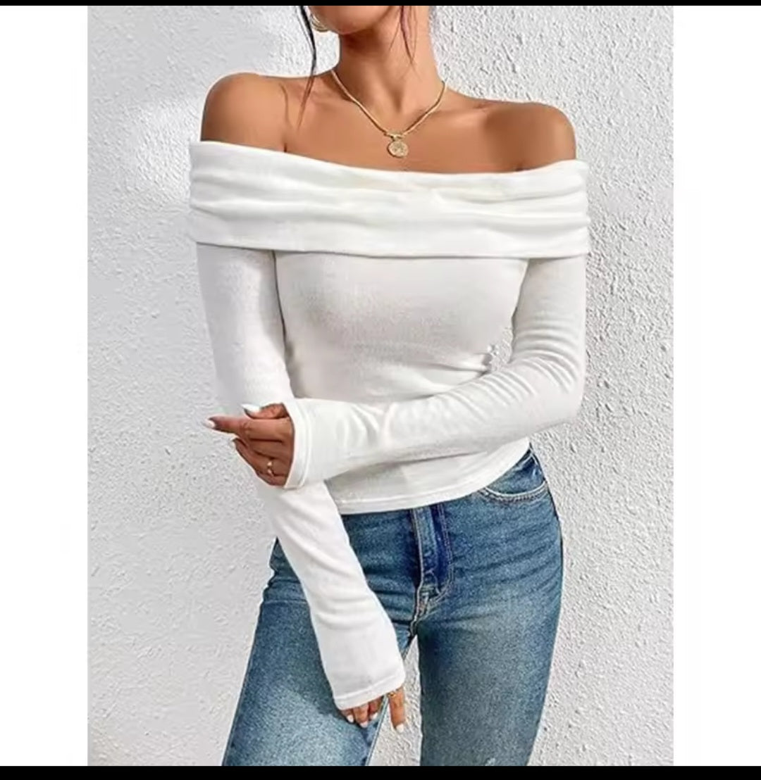 Off - Shoulder Long Sleeve Slim Blouse – Women's Bardot Fitted Top - GLITCH - BELLE