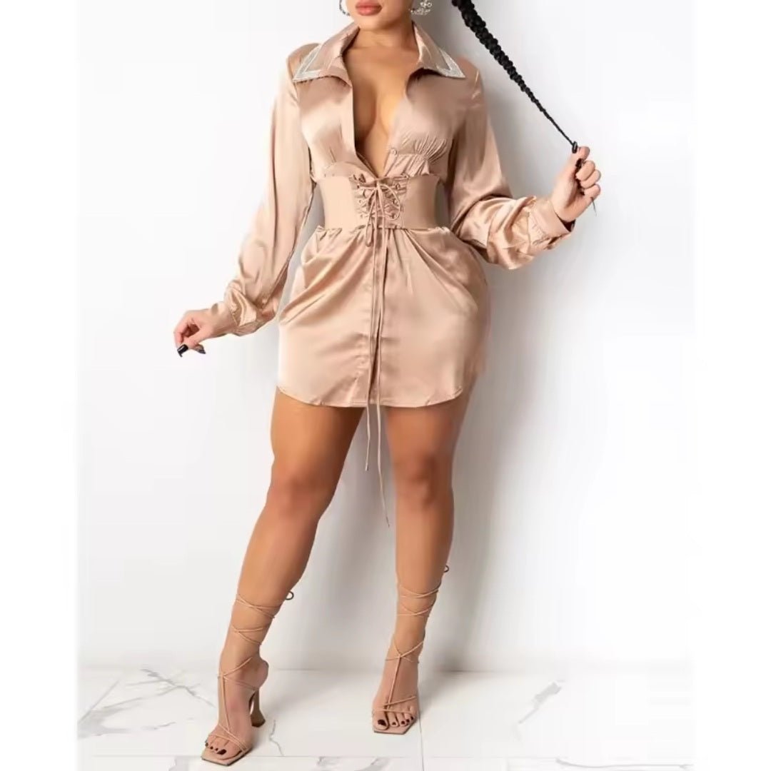 Slim High Waist Bandage Mini Dress – Women's Sexy Long Sleeve Turn - Down Collar Spring Summer Dress - GLITCH - BELLE